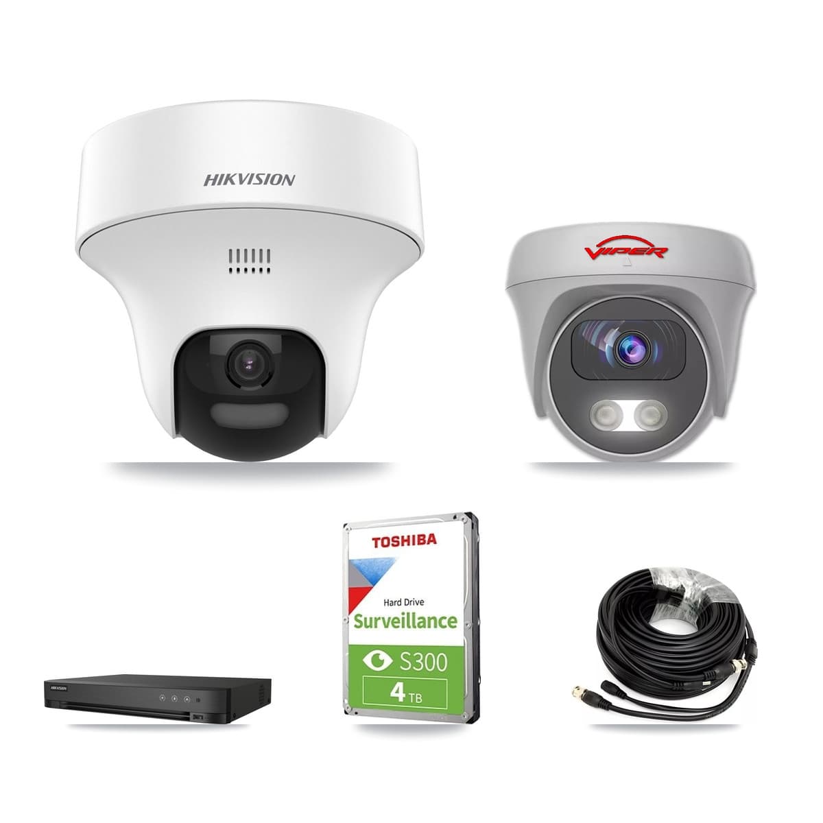 Hikvision & Viper 4-Channel 5MP CCTV Kit — 2 DS-2CE70K0T Turret + 1 White VIPER-5MP-3K Cameras + 4TB Recording (IDS-7204HUHI Recorder)