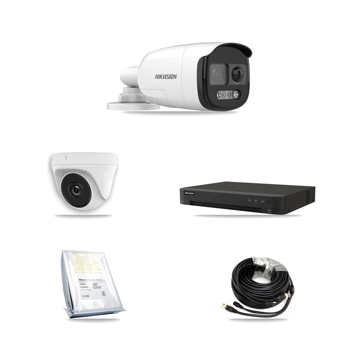 Hikvision 8-Channel 2MP – 5MP CCTV Kit — 4 DS-2CE12KF3T-PIRXO 5MP Bullet + 4 White HDT-2MP-N20W-2.8MM 2MP Dome Cameras + 8TB Recording (IDS-7208HUHI-M1/XT Recorder) - Image 1