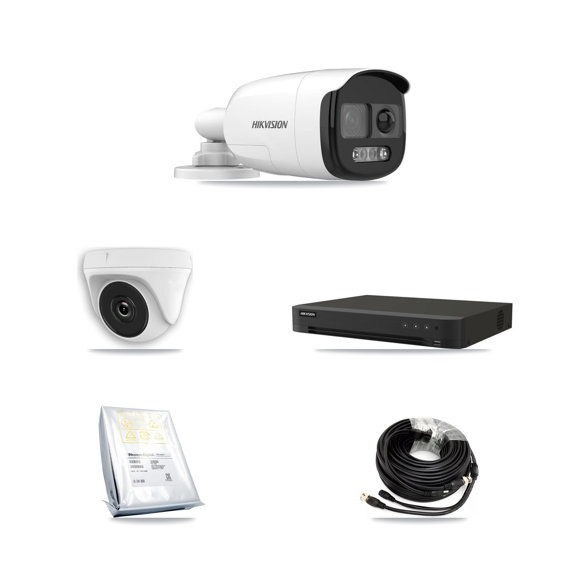 Hikvision 8-Channel 2MP – 5MP CCTV Kit — 4 DS-2CE12KF3T-PIRXO 5MP Bullet + 4 White HDT-2MP-N20W-2.8MM 2MP Dome Cameras + 8TB Recording (IDS-7208HUHI-M1/XT Recorder)
