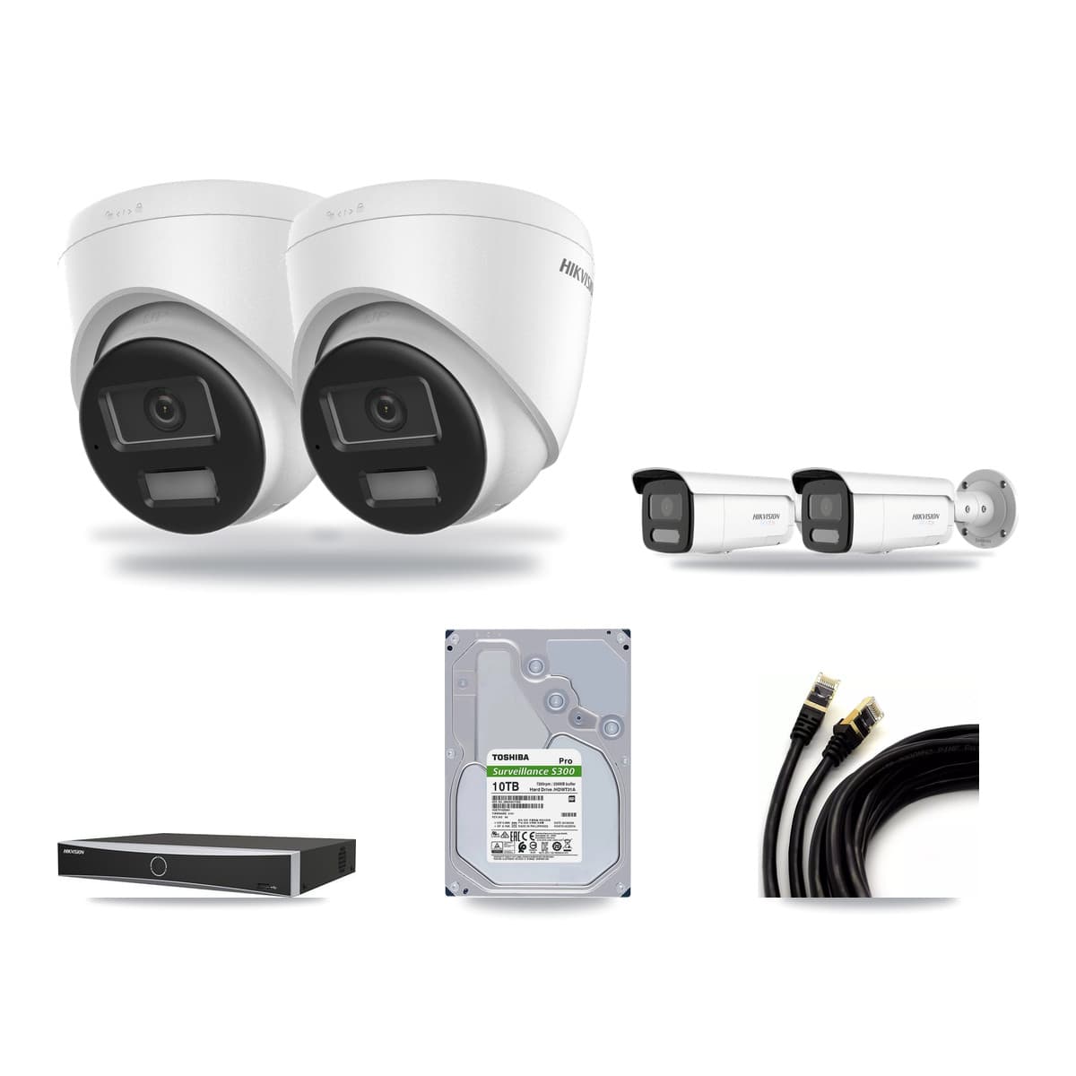 Hikvision 4-Channel 4K CCTV Kit — 2 DS-2CD1383G2-LIUF/SL Turret + 2 White DS-2CD2T87G2H-LISU/SL-2.8MM-W Bullet Cameras + 10TB Recording (DS-7604NXI-K1/4P Recorder) - Image 1
