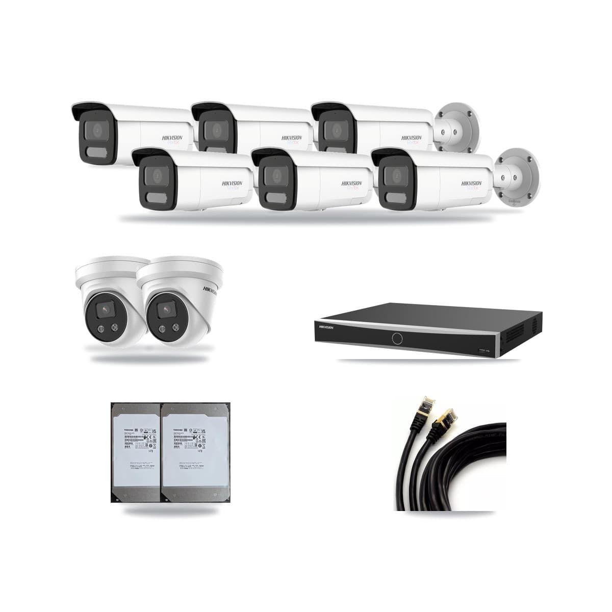 Hikvision 16-Channel 5MP – 4K CCTV Kit — 6 White 4K Bullet + 2 5MP Turret Cameras + 2× 14TB Recording (DS-7616NXI Recorder) - Image 1