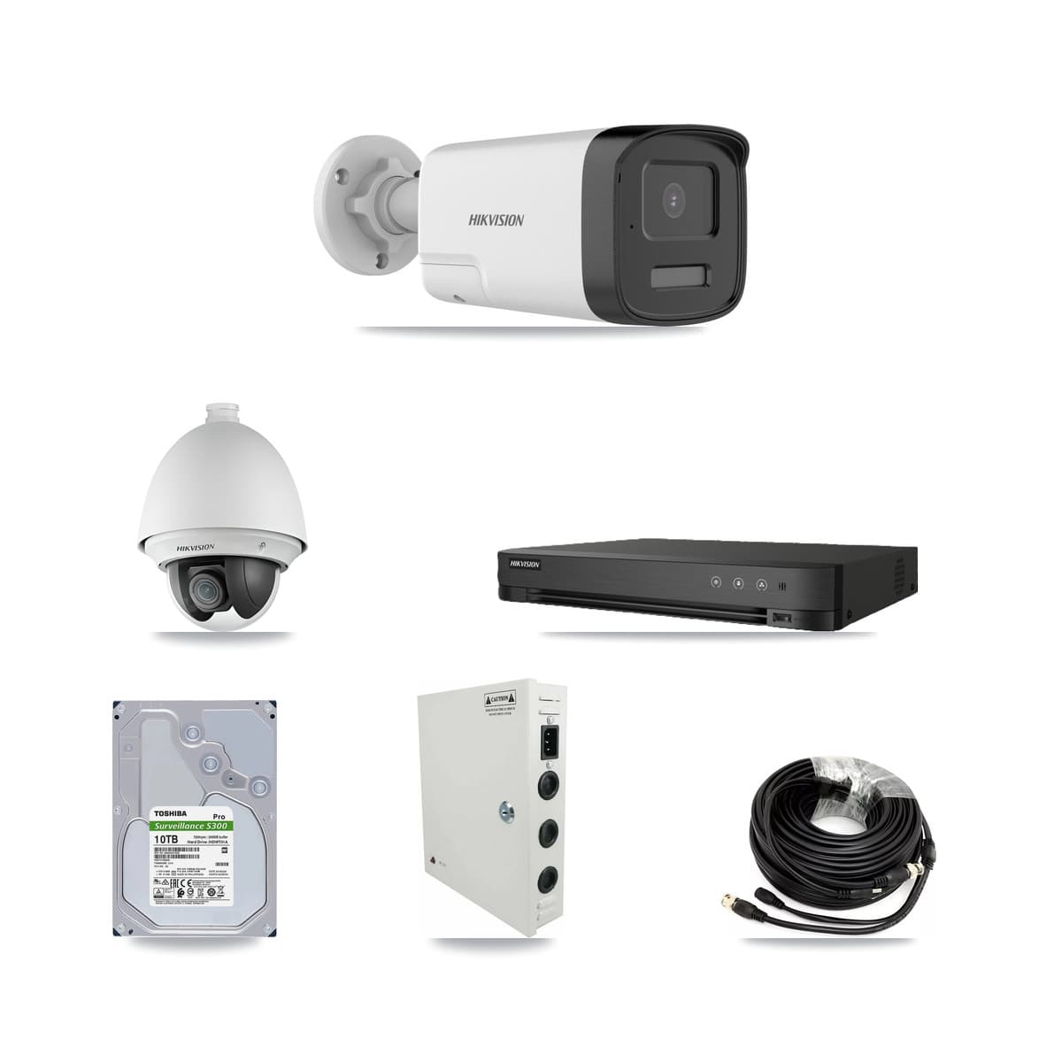 Hikvision 8-Channel 2MP – 5MP CCTV Kit — 2 DS-2AE4225T-A 2MP PTZ + 6 DS-2CE17K0T-LXTS 5MP Bullet Cameras + 10TB Recording (IDS-7208HUHI-M1/E Recorder) - Image 1