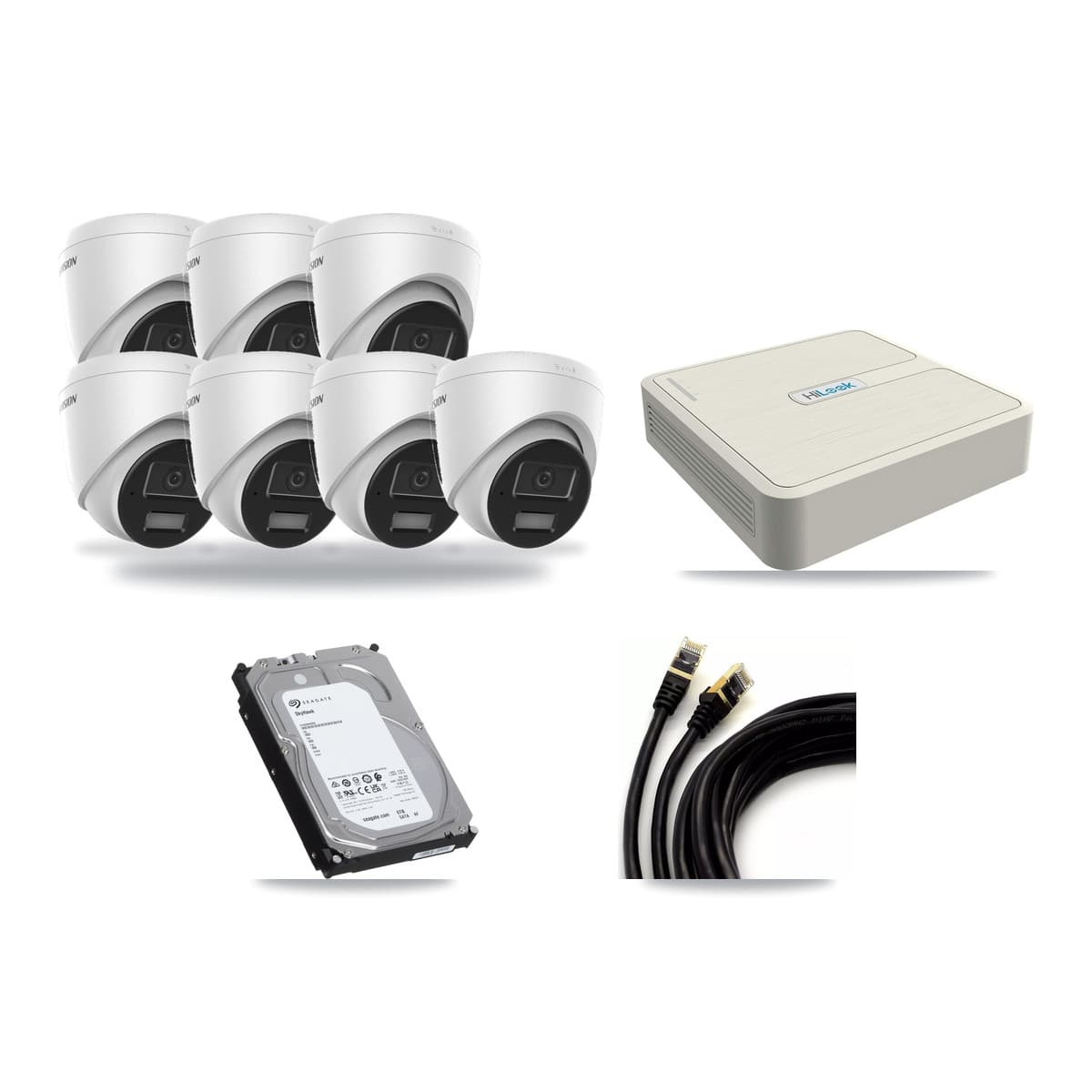 Hikvision & HiLook 8-Channel 4MP CCTV Kit — 7 DS-2CD1343G2 Turret Cameras + 6TB Recording (NVR-108H-D Recorder) - Image 1