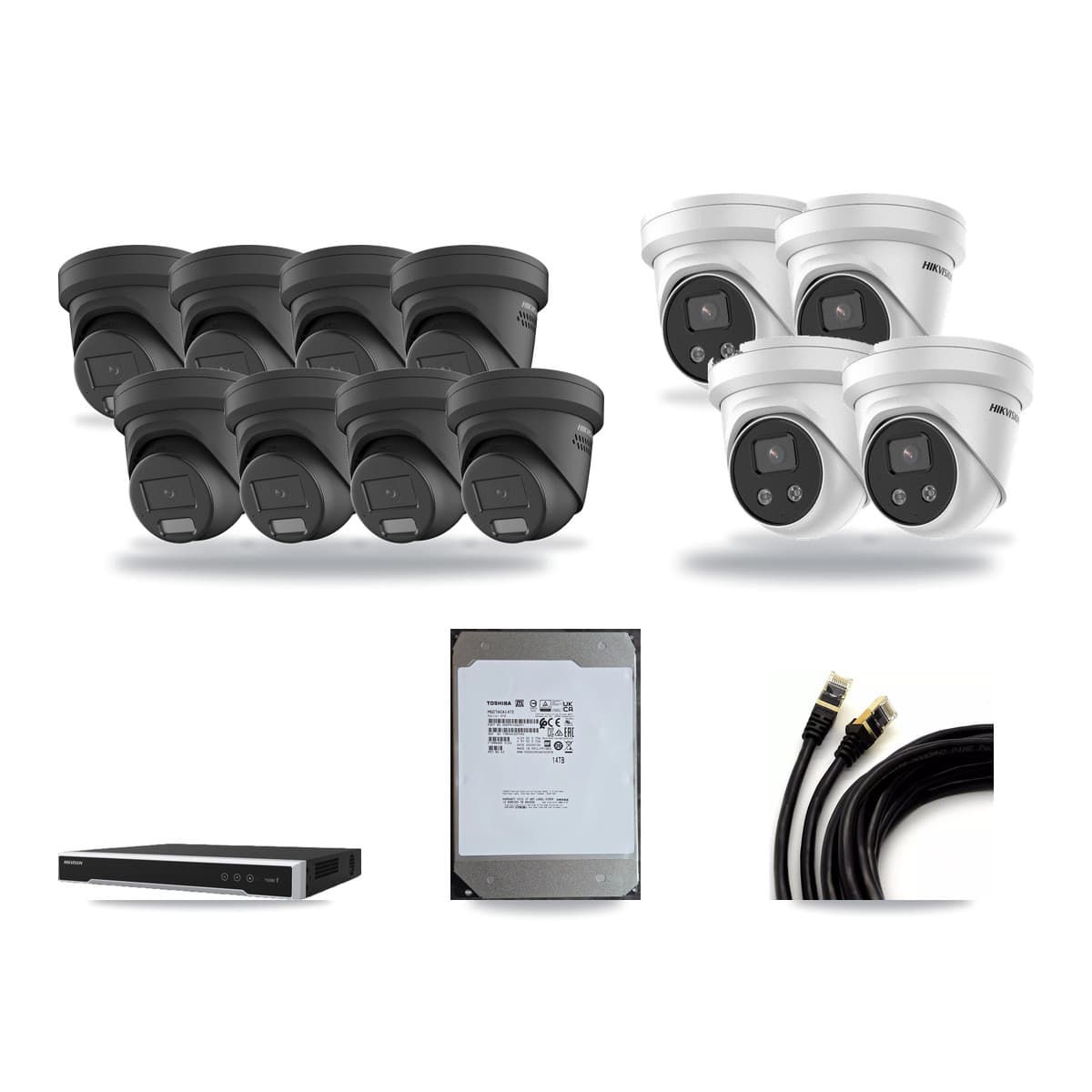 Hikvision 16-Channel 4MP – 5MP CCTV Kit — 8 Black 4MP + 4 5MP Turret Cameras + 14TB Recording (DS-7616NI-M2 Recorder) - Image 1