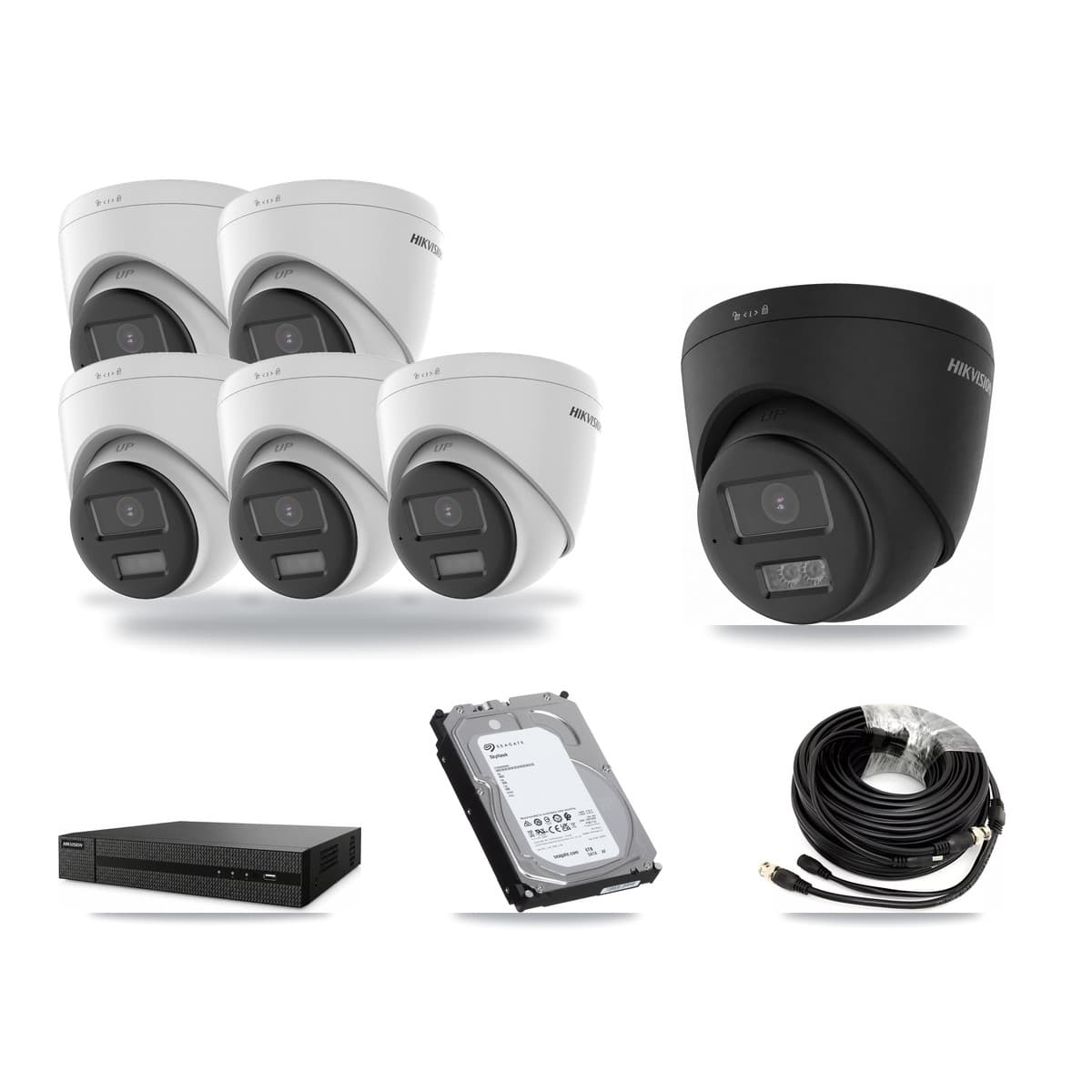 Hikvision 8-Channel 5MP – 4K CCTV Kit — 5 DS-2CE78K0T-LPTS 5MP + 1 Black DS-2CE78U0T-LTS-BLACK 4K Turret Cameras + 6TB Recording (DVR-8CH-HYL8MP Recorder) - Image 1