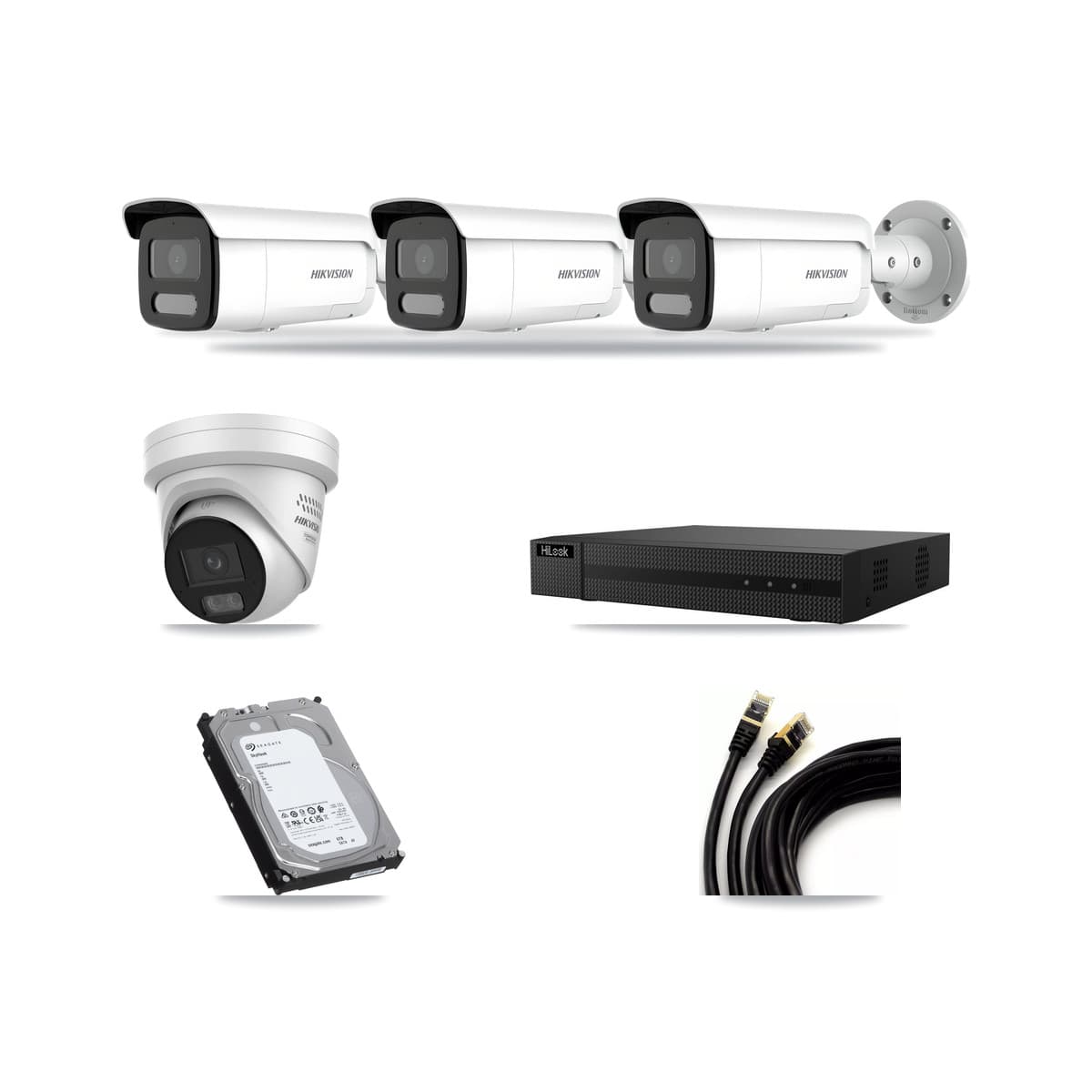 Hikvision & HiLook 8-Channel 4MP CCTV Kit — 1 DS-2CD2347G3 Turret + 3 DS-2CD2T47G2H Bullet Cameras + 6TB Recording (NVR-108MH-D Recorder) - Image 1