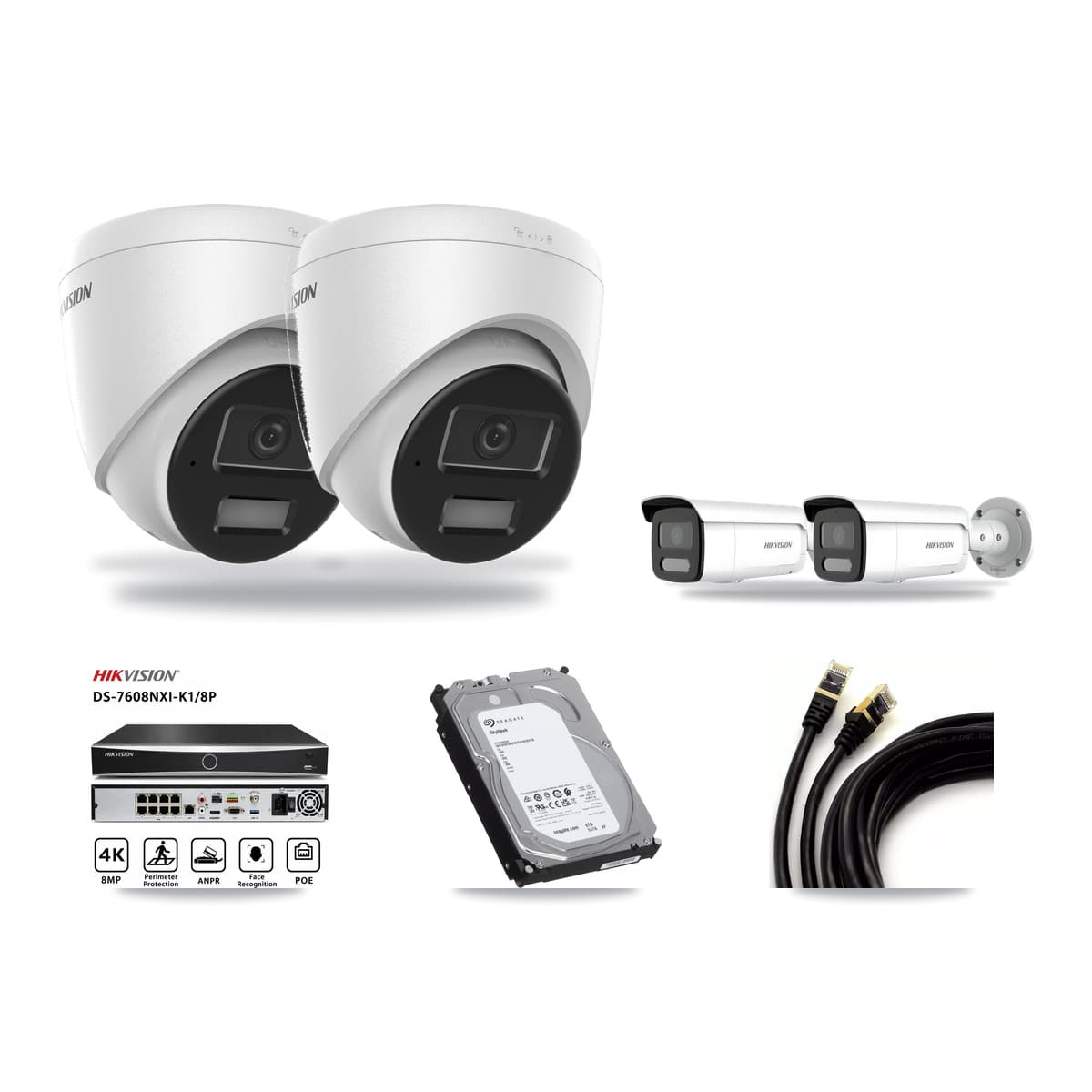 Hikvision 8-Channel 4MP CCTV Kit — 2 DS-2CD1343G2 Turret + 2 DS-2CD2T47G2H Bullet Cameras + 6TB Recording (DS-7608NXI Recorder) - Image 1
