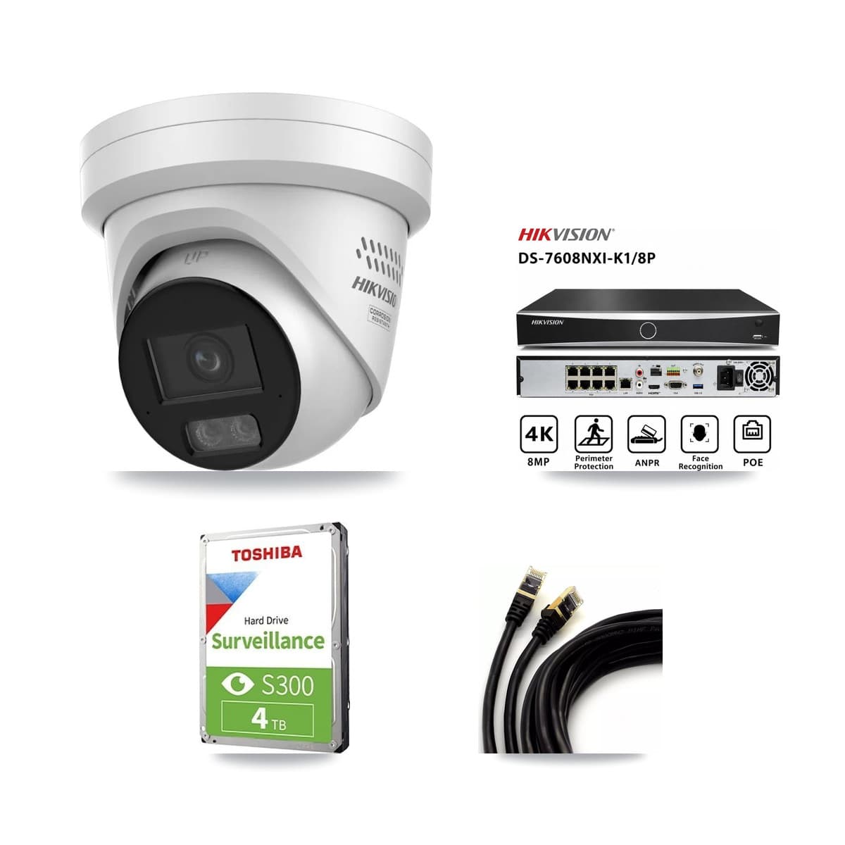 Hikvision 8-Channel 4MP CCTV Kit — 3 DS-2CD2347G3 Turret Cameras + 4TB Recording (DS-7608NXI Recorder)