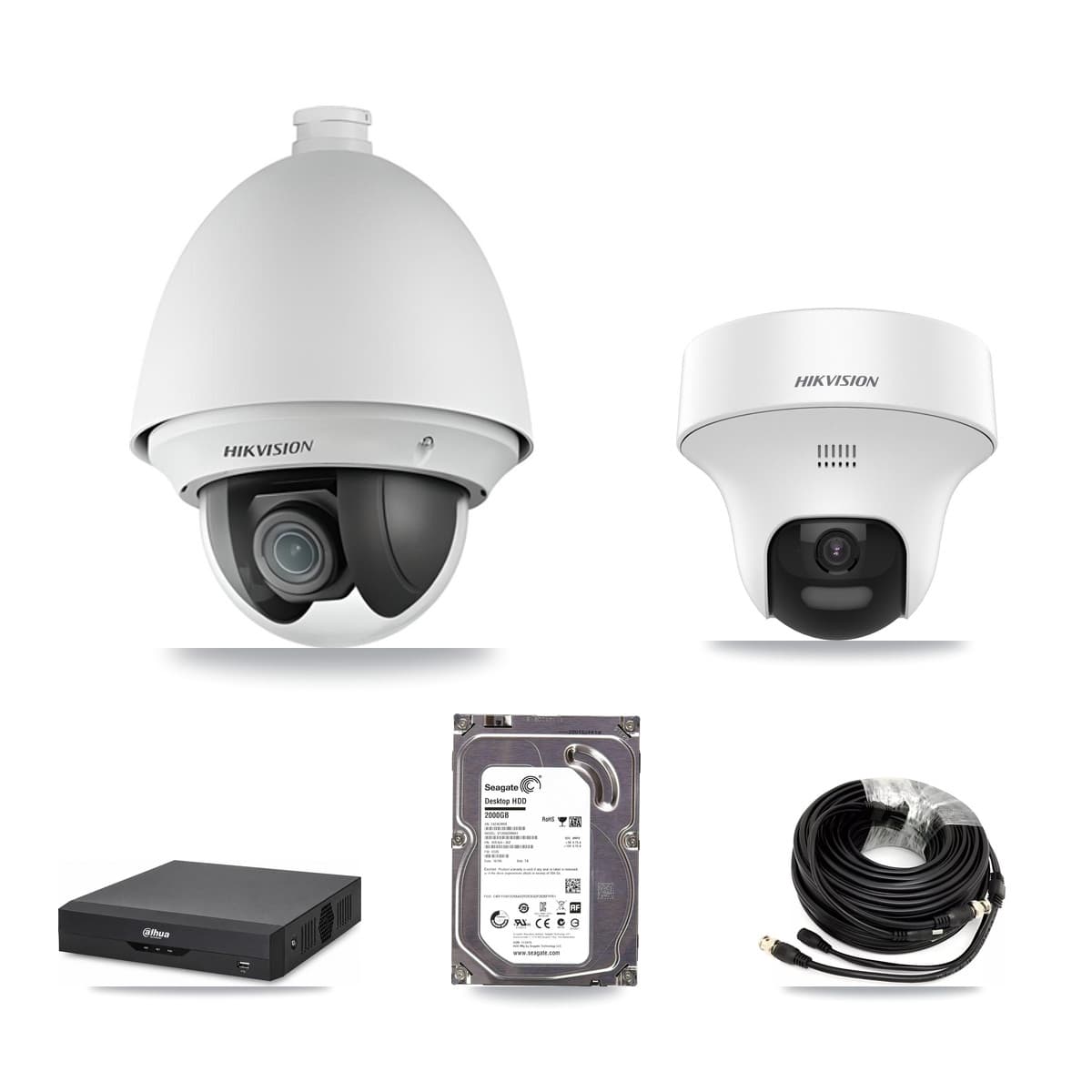 Hikvision & Dahua 4-Channel 2MP – 5MP CCTV Kit — 1 DS-2AE4225T 2MP PTZ + 1 DS-2CE70K0T 5MP Turret Cameras + 2TB Recording