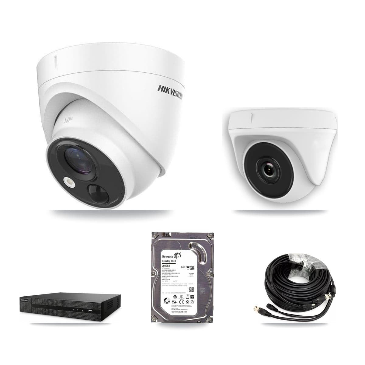 Hikvision 8-Channel 2MP – 5MP CCTV Kit — 1 DS-2CE71H0T 5MP Turret + 1 White HDT-2MP-N20W 2MP Dome Cameras + 2TB Recording (DVR-8CH Recorder) - Image 1