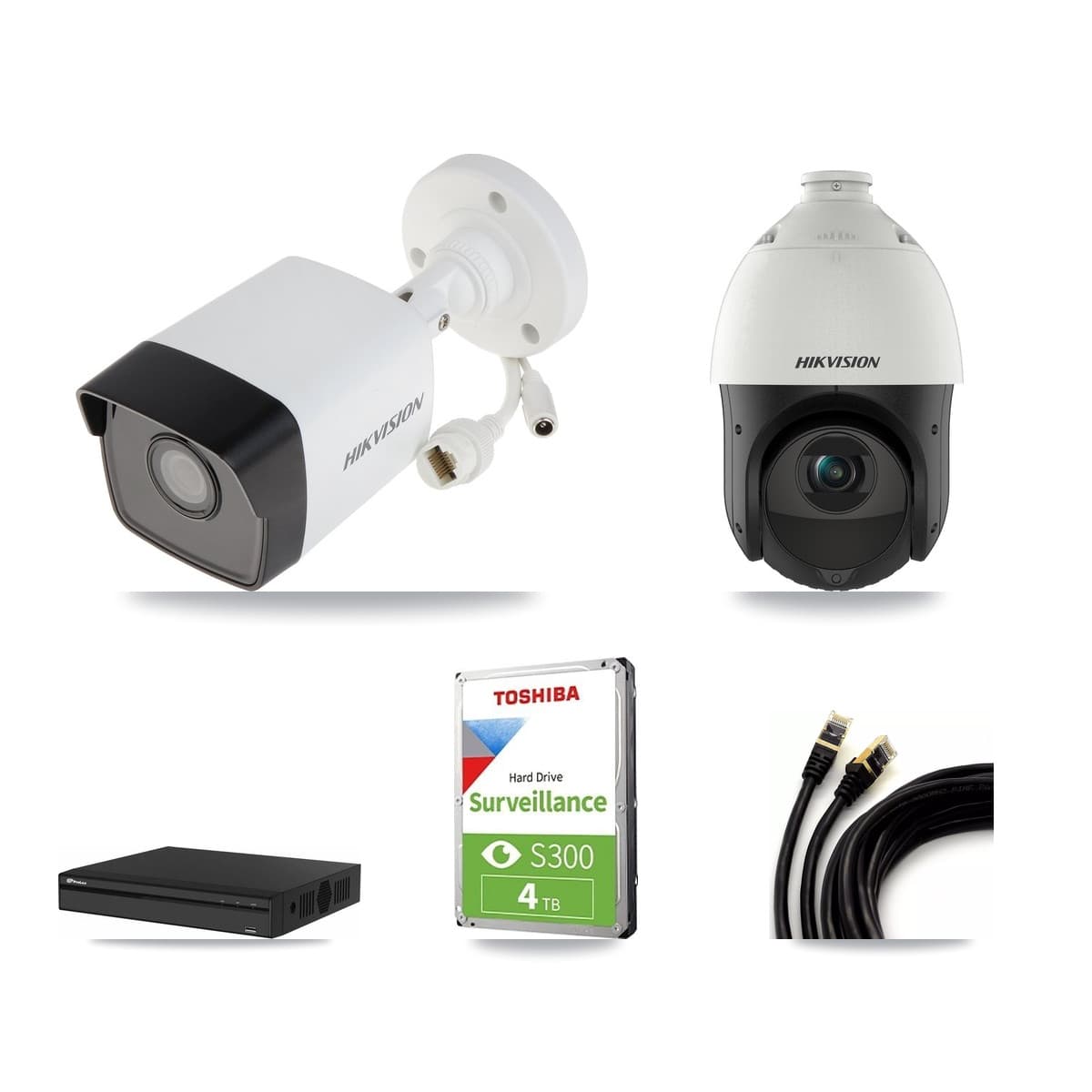 Hikvision & Prolux 4-Channel 4MP – 5MP CCTV Kit — 2 5MP Bullet + 1 4MP PTZ Cameras + 4TB Recording