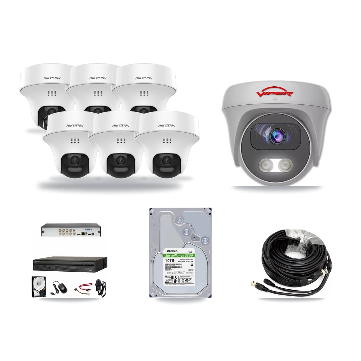 8-Channel 5MP CCTV Kit — 6 DS-2CE70K0T Turret + 1 White VIPER-5MP-3K Cameras + 10TB Recording (XVR-3108AD Recorder) - Image 1