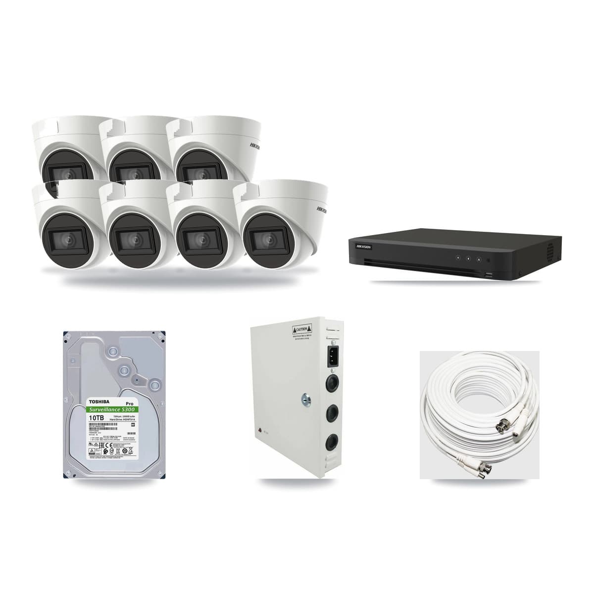 Hikvision 8-Channel 4K CCTV Kit — 7 DS-2CE78U1T-IT3F Turret Cameras + 10TB Recording (IDS-7208HUHI-M1/XT Recorder) - Image 1