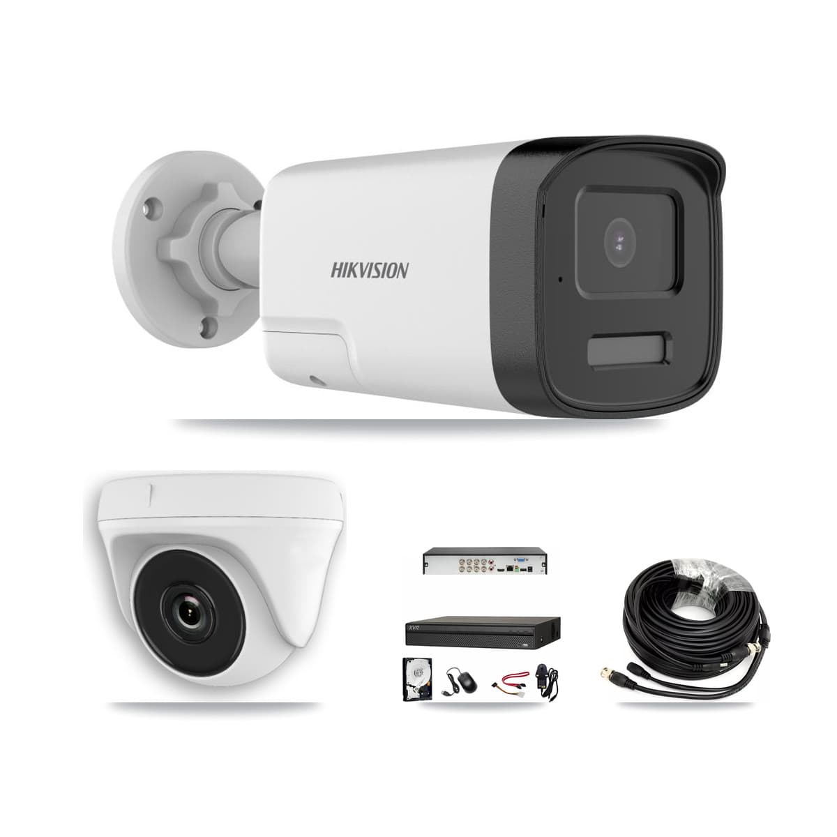 Hikvision & Dahua 8-Channel 2MP – 5MP CCTV Kit — 2 DS-2CE17K0T 5MP Bullet + 1 White HDT-2MP-N20W 2MP Dome Cameras + 3TB Recording