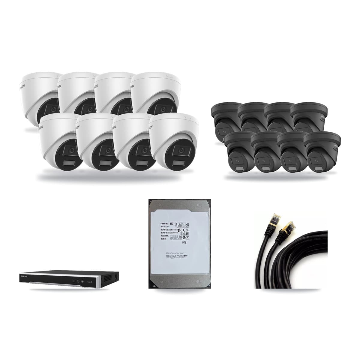 Hikvision 16-Channel 4MP CCTV Kit — 8 DS-2CD1343G2 + 8 Black DS-2CD2347G2 Turret Cameras + 14TB Recording (DS-7616NI-M2 Recorder) - Image 1