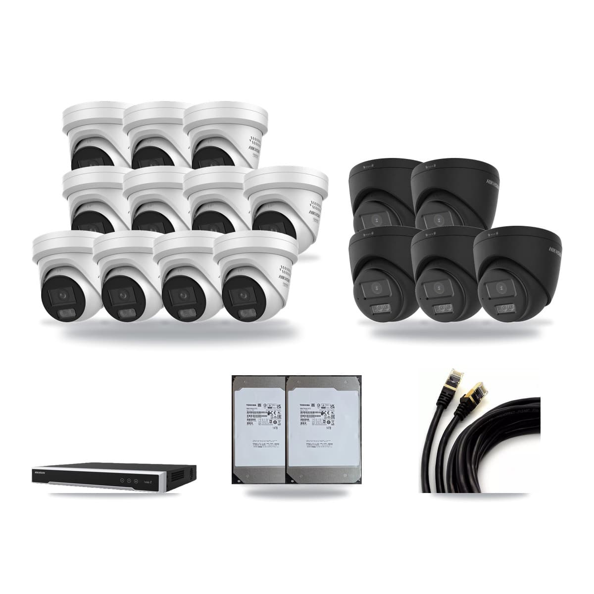 Hikvision 16-Channel 4MP – 4K CCTV Kit — 5 Black 4K + 11 4MP Turret Cameras + 2× 14TB Recording (DS-7616NI-M2 Recorder) - Image 1