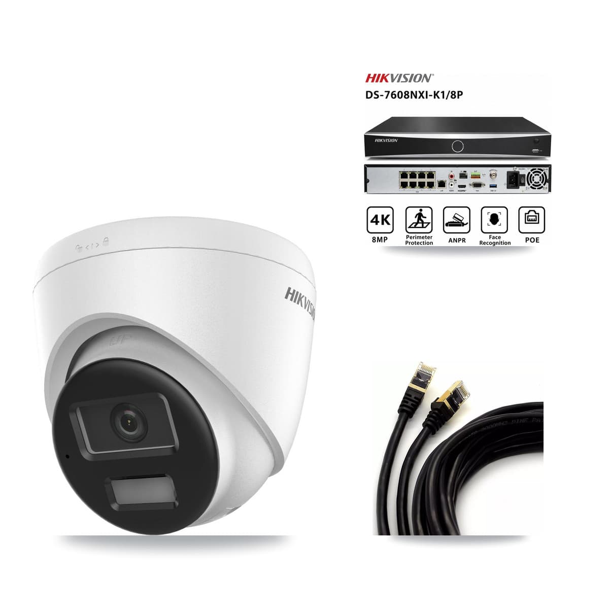 Hikvision 8-Channel 4K CCTV Kit — 3 DS-2CD1383G2-LIUF/SL Turret Cameras + 8TB Recording (DS-7608NXI-K1/8P Recorder)