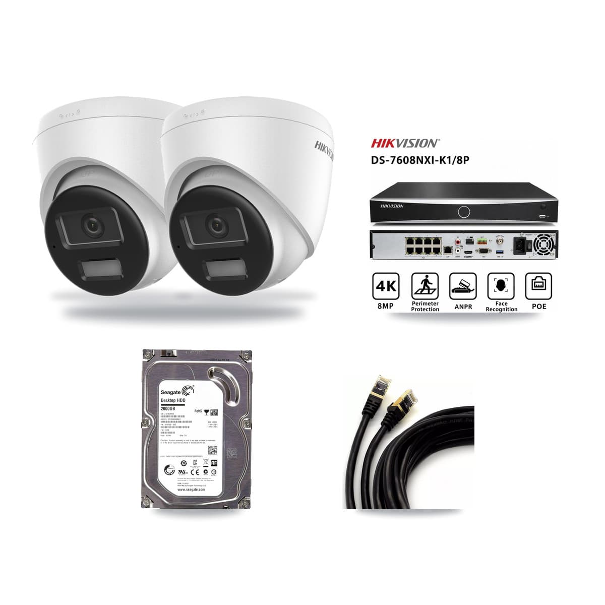 Hikvision 8-Channel 4K CCTV Kit — 2 DS-2CD1383G2-LIUF/SL Turret Cameras + 2TB Recording (DS-7608NXI-K1/8P Recorder) - Image 1