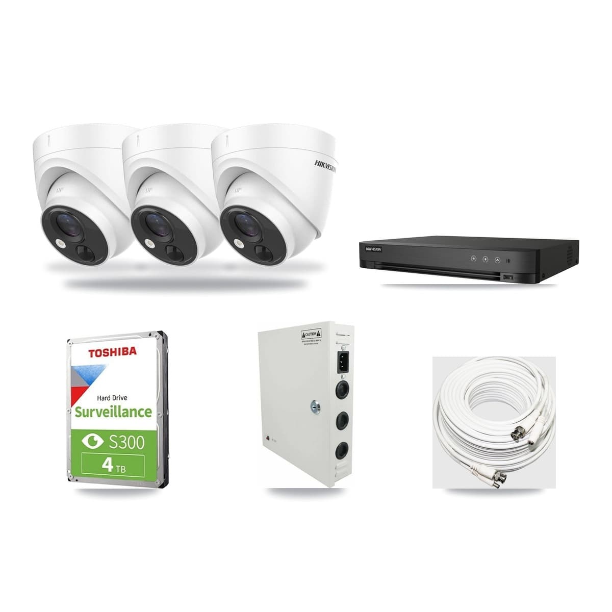 Hikvision 4-Channel 5MP CCTV Kit — 3 DS-2CE71H0T Turret Cameras + 4TB Recording (IDS-7204HQHI Recorder) - Image 1