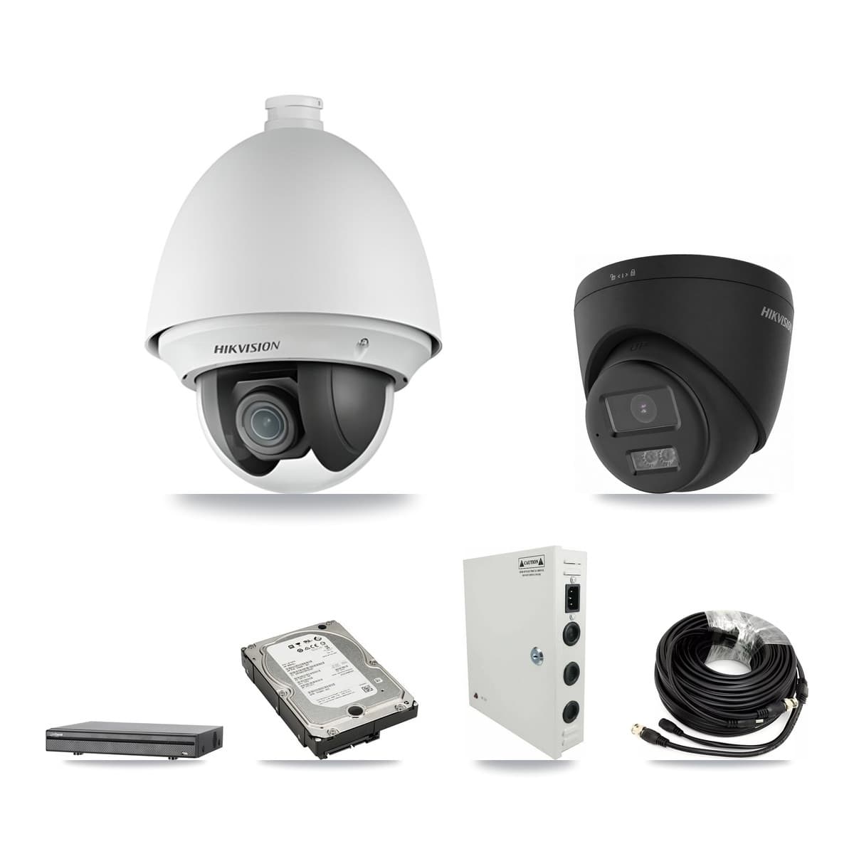 Hikvision & Dahua 8-Channel 2MP – 4K CCTV Kit — 4 2MP PTZ + 1 Black 4K Turret Cameras + 5TB Recording