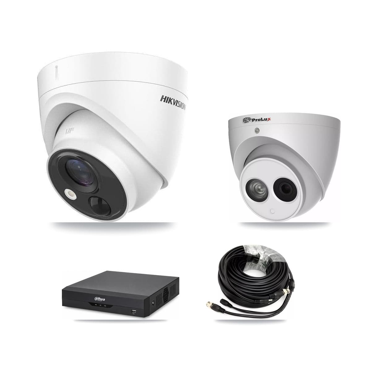 4-Channel 4MP – 5MP CCTV Kit — 1 DS-2CE71H0T 5MP + 1 PXC-612C4W-A 4MP Turret Cameras + 3TB Recording (DH-XVR5104HS Recorder) - Image 1