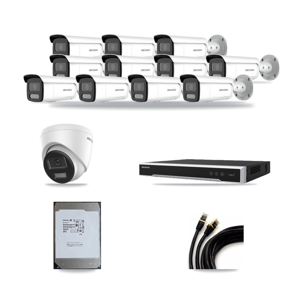 Hikvision 16-Channel 4MP – 4K CCTV Kit — 1 DS-2CD1383G2-LIUF/SL 4K Turret + 11 DS-2CD2T47G2H-LISU/SL 4MP Bullet Cameras + 14TB Recording (DS-7616NI-M2/16P Recorder) - Image 1