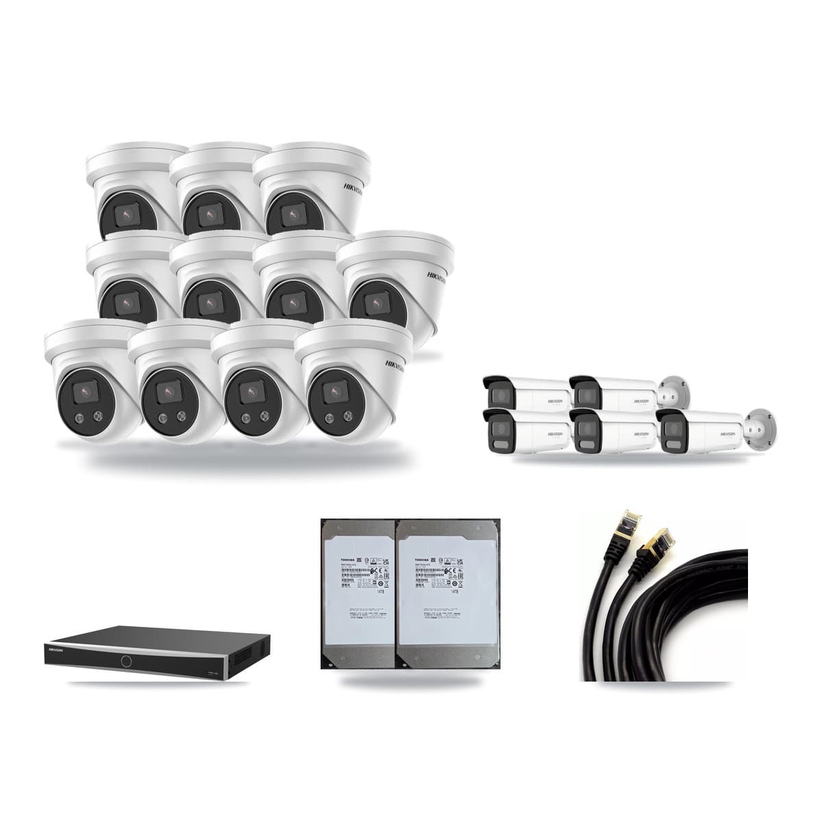 Hikvision 16-Channel 5MP – 4K CCTV Kit — 5 White 4K Bullet + 11 5MP Turret Cameras + 2× 14TB Recording (DS-7616NXI Recorder) - Image 1