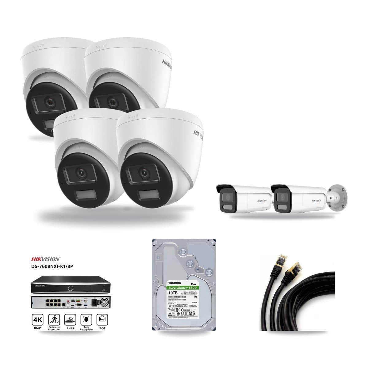 Hikvision 8-Channel 4K CCTV Kit — 4 DS-2CD1383G2-LIU Turret + 2 White DS-2CD2T87G2H-LISU/SL-2.8MM-W Bullet Cameras + 10TB Recording (DS-7608NXI-K1/8P Recorder) - Image 1