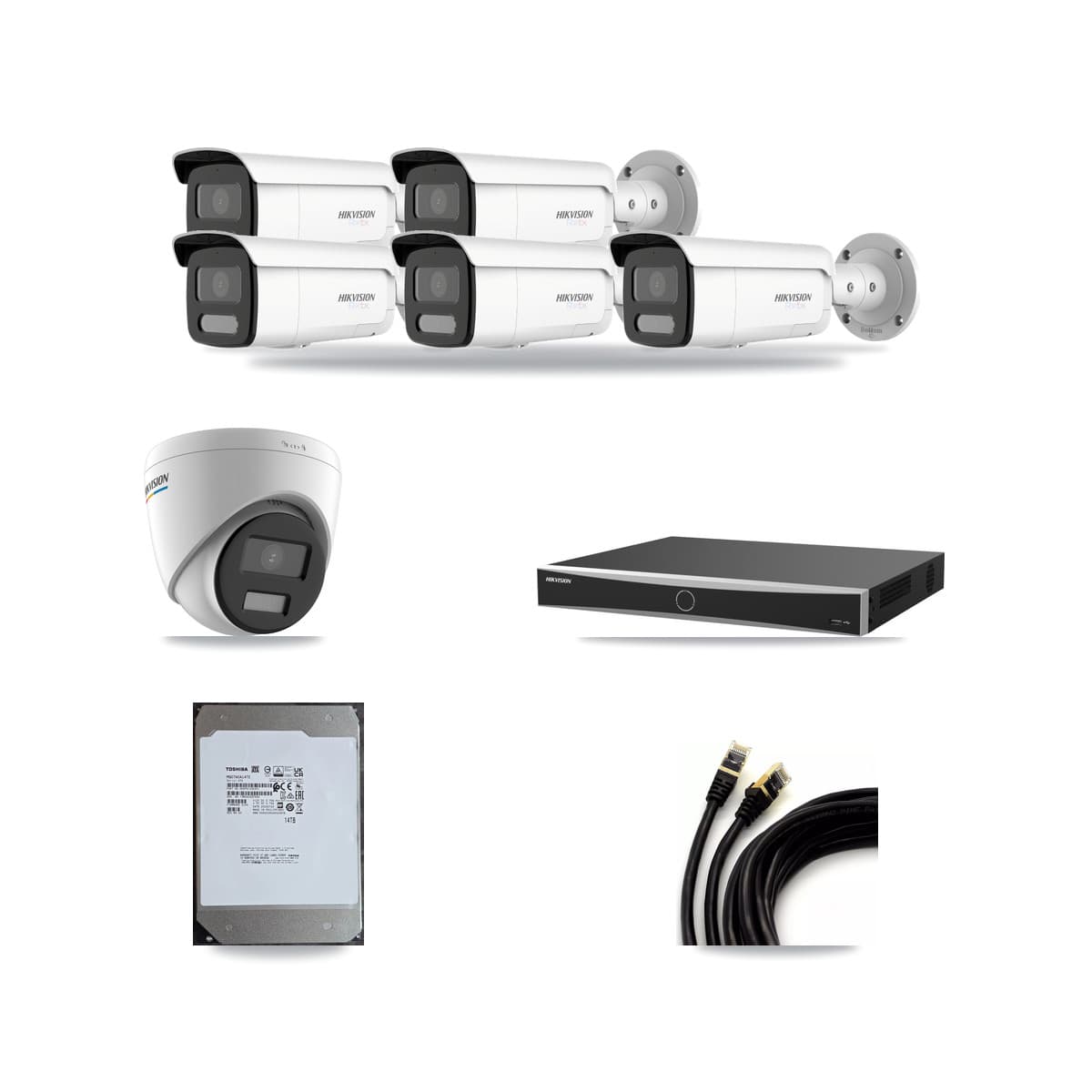 Hikvision 16-Channel 2MP – 4K CCTV Kit — 1 2MP Turret + 5 White 4K Bullet Cameras + 14TB Recording (DS-7616NXI Recorder) - Image 1