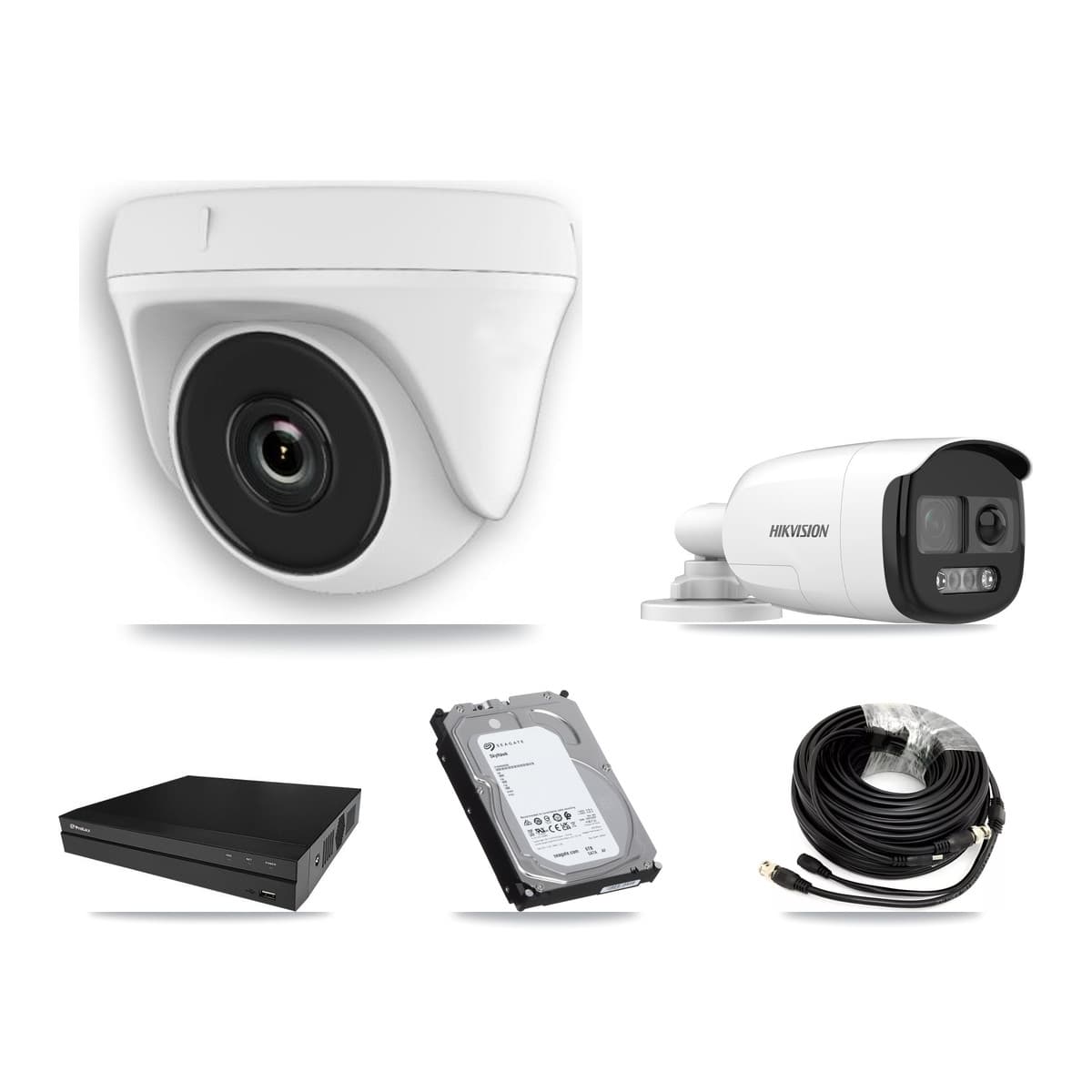 Hikvision & Prolux 8-Channel 2MP – 5MP CCTV Kit — 1 DS-2CE12KF3T 5MP Bullet + 7 White HDT-2MP-N20W 2MP Dome Cameras + 6TB Recording (PXD-5208AN Recorder)