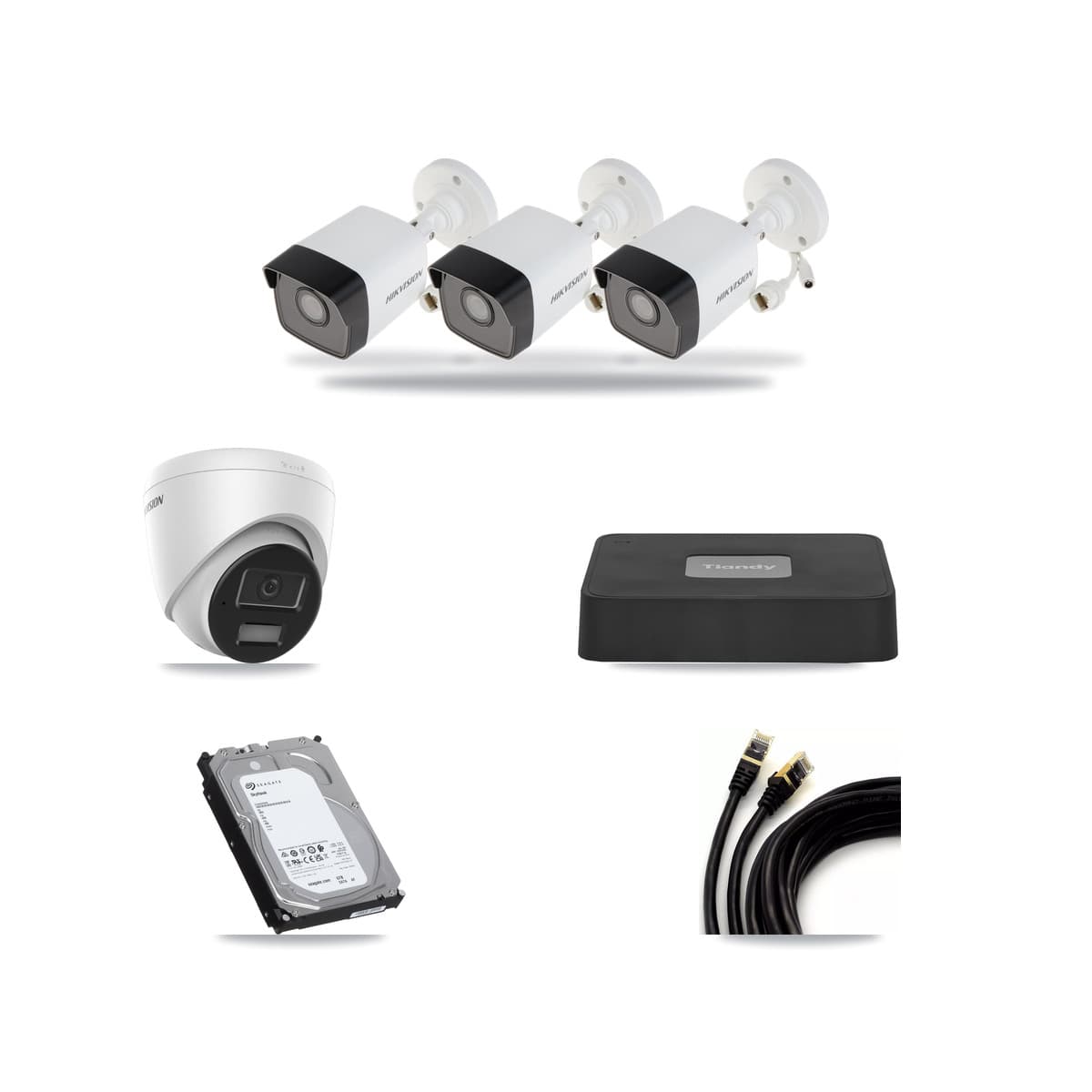 Tiandy 4-channel CCTV kit: 4 cameras (3× 5MP Bullet + 1× 4MP Turret), 6TB hard drive