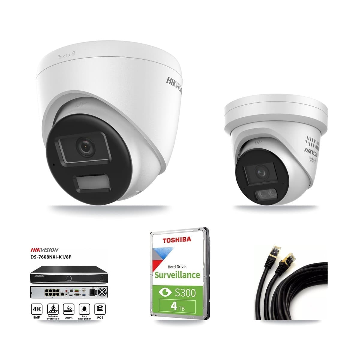 Hikvision 8-Channel 4MP – 4K CCTV Kit — 1 4K + 1 4MP Turret Cameras + 4TB Recording (DS-7608NXI Recorder) - Image 1