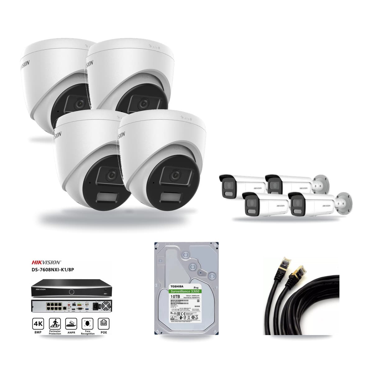 Hikvision 8-Channel 4MP CCTV Kit — 4 DS-2CD1343G2 Turret + 4 DS-2CD2T47G2H Bullet Cameras + 10TB Recording - Image 1