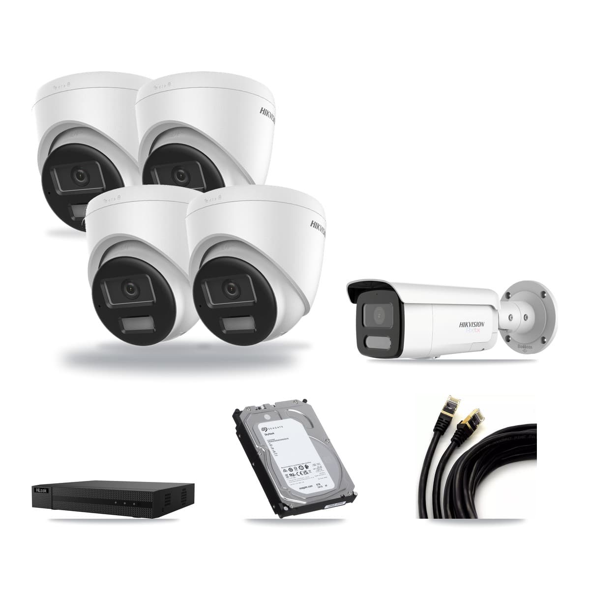 Hikvision & HiLook 8-Channel 4K CCTV Kit — 4 DS-2CD1383G2-LIU Turret + 1 White DS-2CD2T87G2H-LISU/SL-2.8MM-W Bullet Cameras + 6TB Recording (NVR-108MH-D/8P Recorder) - Image 1