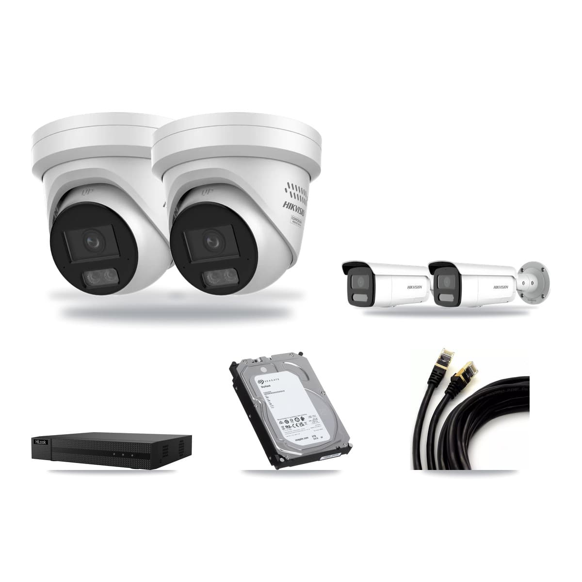 Hikvision & HiLook 8-Channel 4MP CCTV Kit — 2 DS-2CD2347G3 Turret + 2 DS-2CD2T47G2H Bullet Cameras + 6TB Recording (NVR-108MH-D Recorder) - Image 1
