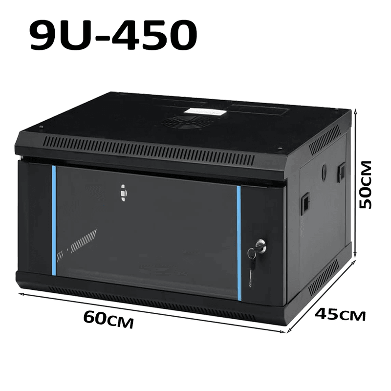 9U 450mm Server Rack Data Network Cabinet - Wall/Floor Mounted, Lockable, Black