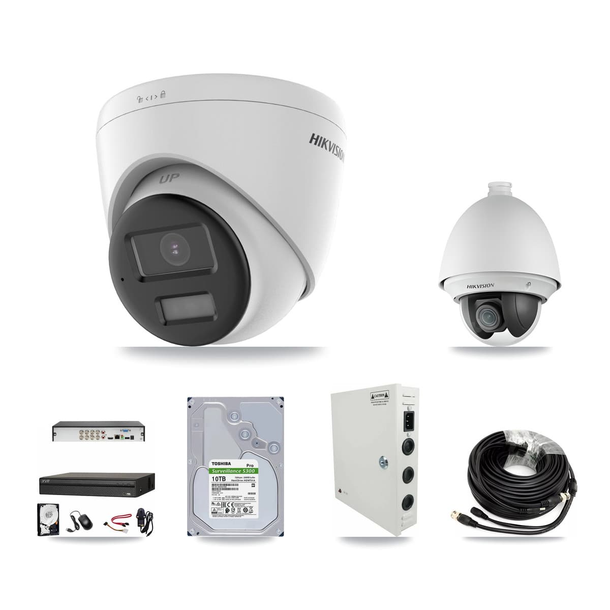 Hikvision & Dahua 8-Channel 2MP – 4K CCTV Kit — 1 2MP PTZ + 5 4K Turret Cameras + 10TB Recording