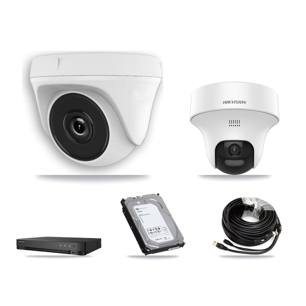 Hikvision 8-Channel 2MP – 5MP CCTV Kit — 1 DS-2CE70K0T-PTLTS 5MP Turret + 4 White HDT-2MP-N20W-2.8MM 2MP Dome Cameras + 6TB Recording (IDS-7208HUHI-M1/E Recorder)