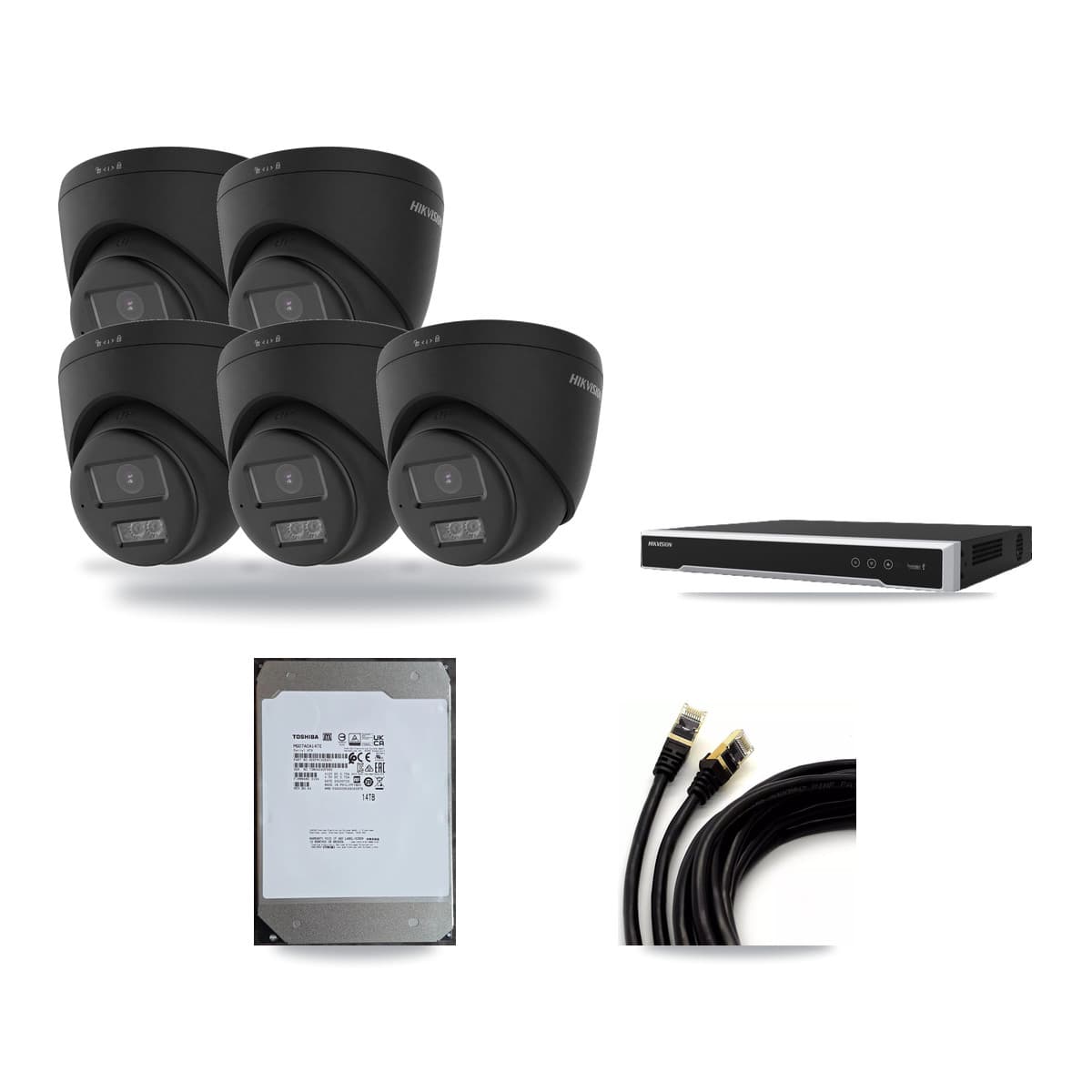 Hikvision 8-Channel 4K CCTV Kit — 5 Black DS-2CD1383G2 Turret Cameras + 14TB Recording - Image 1