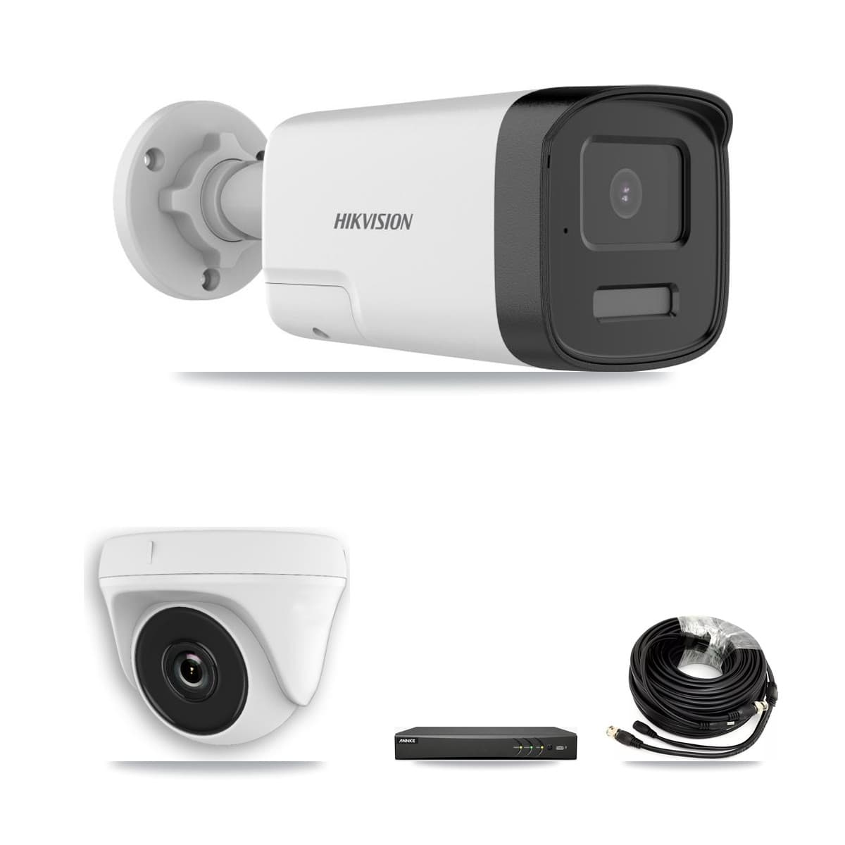 Hikvision & ANNKE 4-Channel 2MP – 5MP CCTV Kit — 2 DS-2CE17K0T 5MP Bullet + 1 White HDT-2MP-N20W 2MP Dome Cameras + 3TB Recording