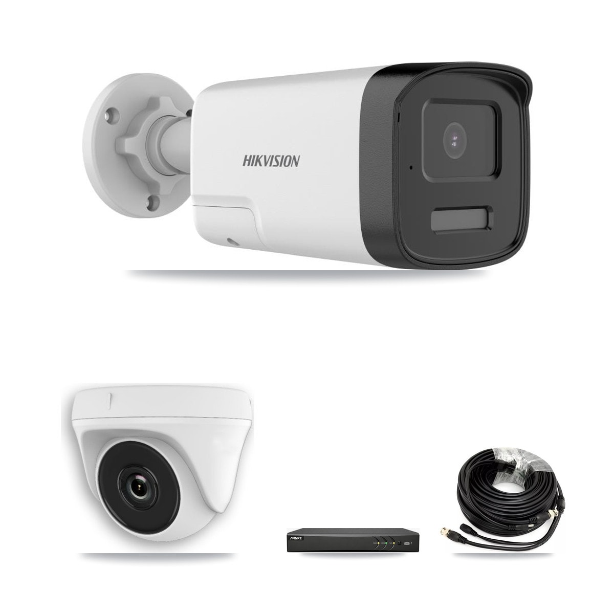 Hikvision & ANNKE 4-Channel 2MP – 5MP CCTV Kit — 2 DS-2CE17K0T 5MP Bullet + 1 White HDT-2MP-N20W 2MP Dome Cameras + 3TB Recording