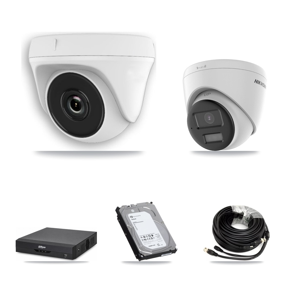 Dahua DH-XVR5104HS-4KL-I2 4-Channel DVR CCTV Kit — 1× Hikvision DS-2CE78U0T-LPTS 4K Turret + 3× HDT-2MP-N20W-2.8MM White 2MP Dome Cameras + 6TB HDD