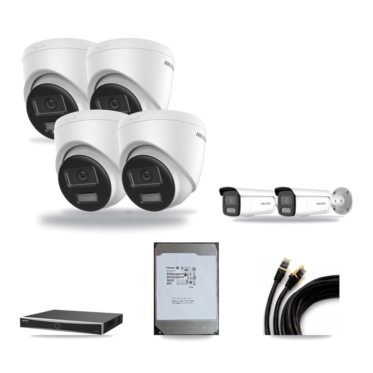Hikvision 16-Channel 4MP – 4K CCTV Kit — 4 DS-2CD1383G2-LIUF/SL 4K Turret + 2 DS-2CD2T47G2H-LISU/SL 4MP Bullet Cameras + 14TB Recording (DS-7616NXI-K2/16P(E) Recorder) - Image 1