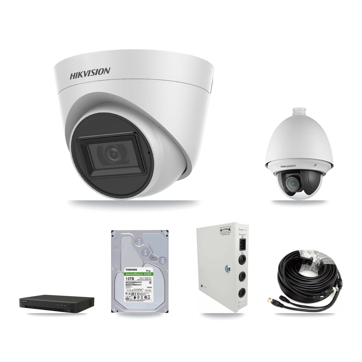 Hikvision 16-Channel 2MP – 5MP CCTV Kit — 1 2MP PTZ + 7 White 5MP Turret Cameras + 10TB Recording (IDS-7216HQHI Recorder)