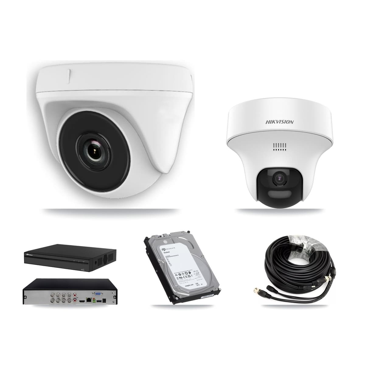 Hikvision & Prolux 8-Channel 2MP – 5MP CCTV Kit — 1 DS-2CE70K0T 5MP Turret + 7 White HDT-2MP-N20W 2MP Dome Cameras + 6TB Recording (PXD-5108HS Recorder)