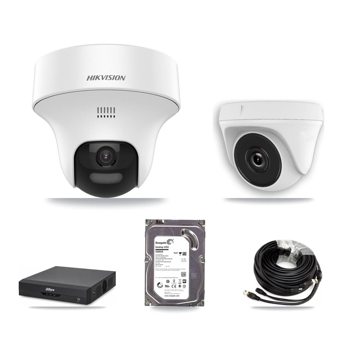 Hikvision & Dahua 4-Channel 2MP – 5MP CCTV Kit — 1 DS-2CE70K0T 5MP Turret + 1 White HDT-2MP-N20W 2MP Dome Cameras + 2TB Recording