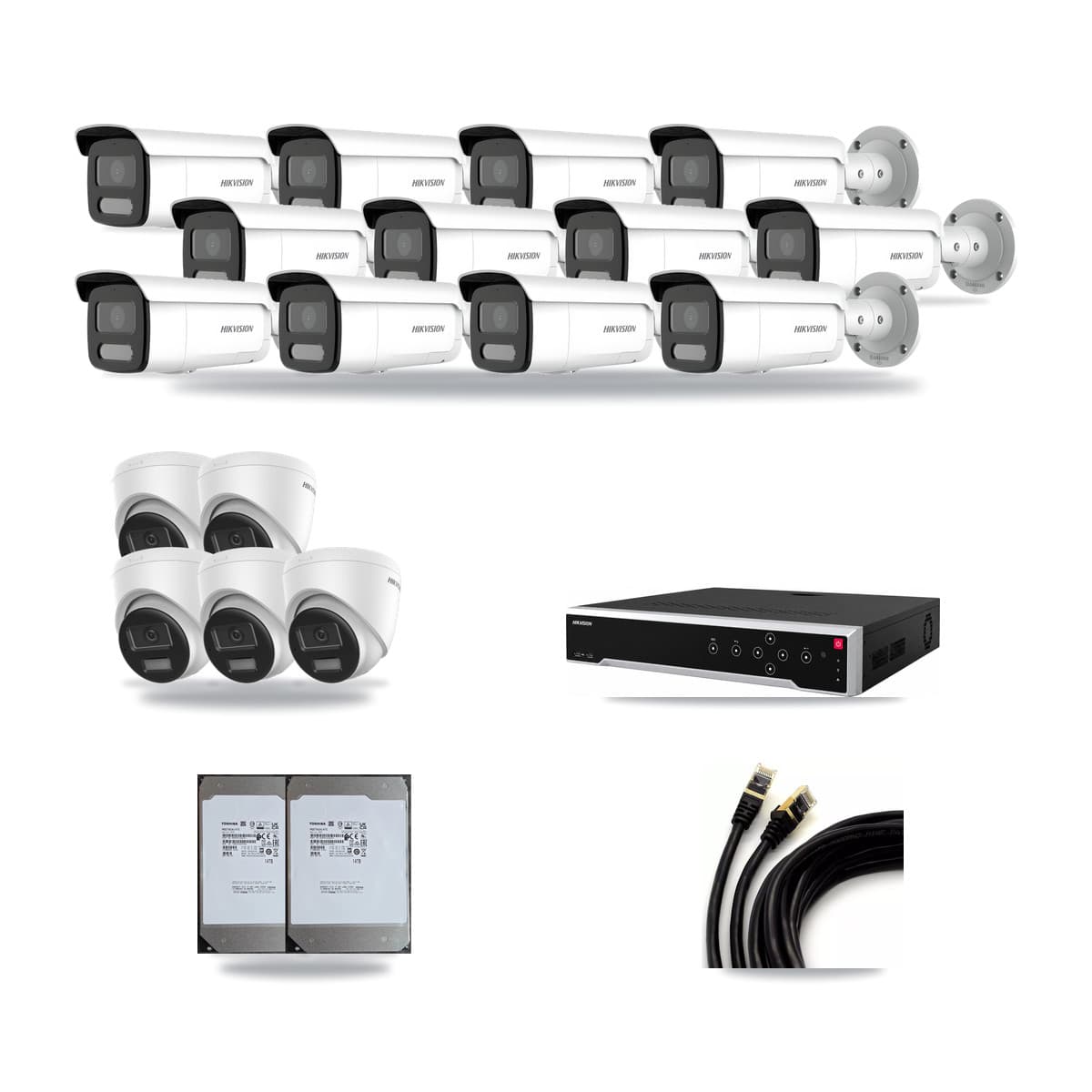 Hikvision 32-Channel 4MP – 4K CCTV Kit — 5 DS-2CD1383G2-LIU 4K Turret + 12 DS-2CD2T47G2H-LISU/SL 4MP Bullet Cameras + 2× 14TB Recording (DS-7732NI-M4/24P Recorder) - Image 1