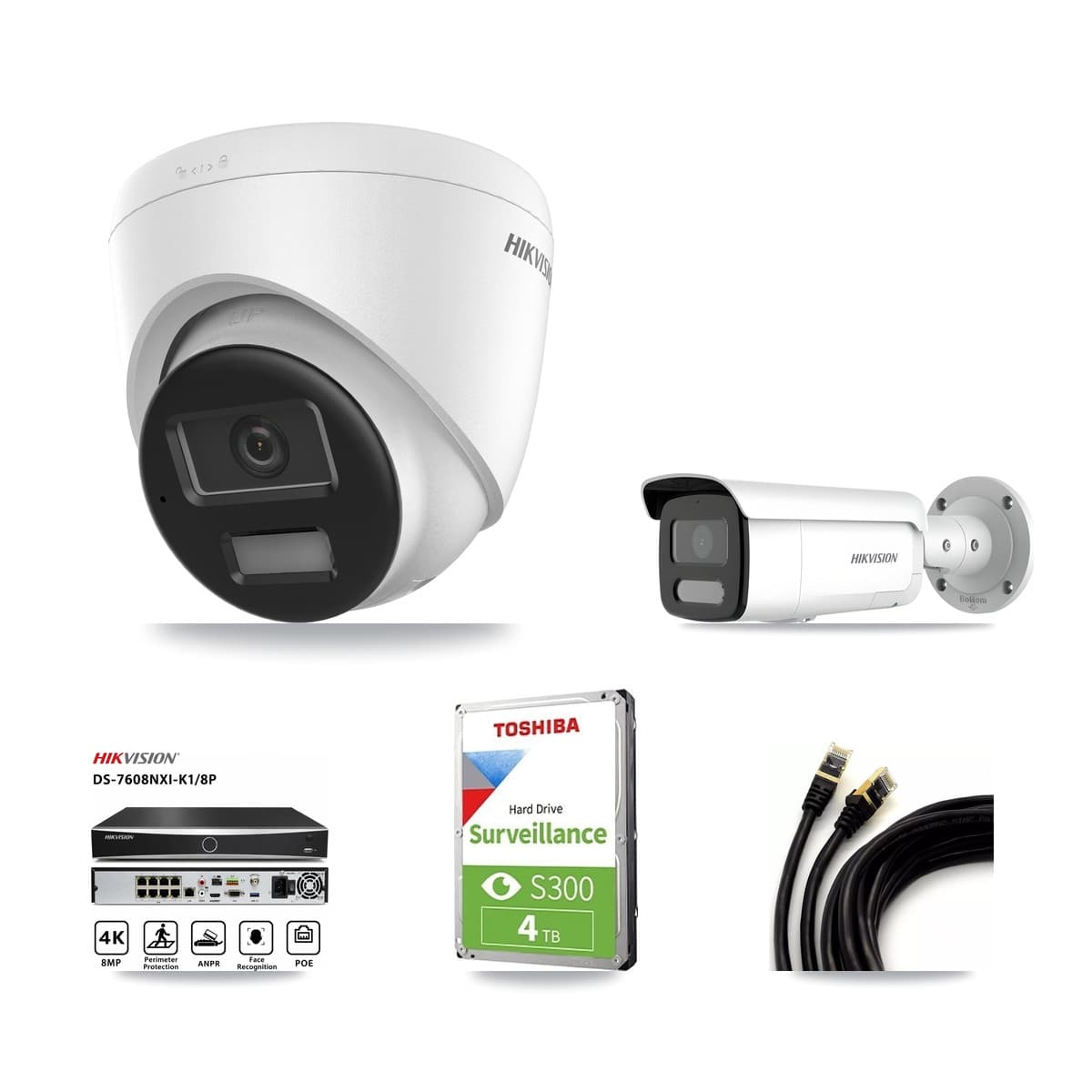 Hikvision 8-Channel 4MP – 4K CCTV Kit — 1 4K Turret + 1 4MP Bullet Cameras + 4TB Recording (DS-7608NXI Recorder)