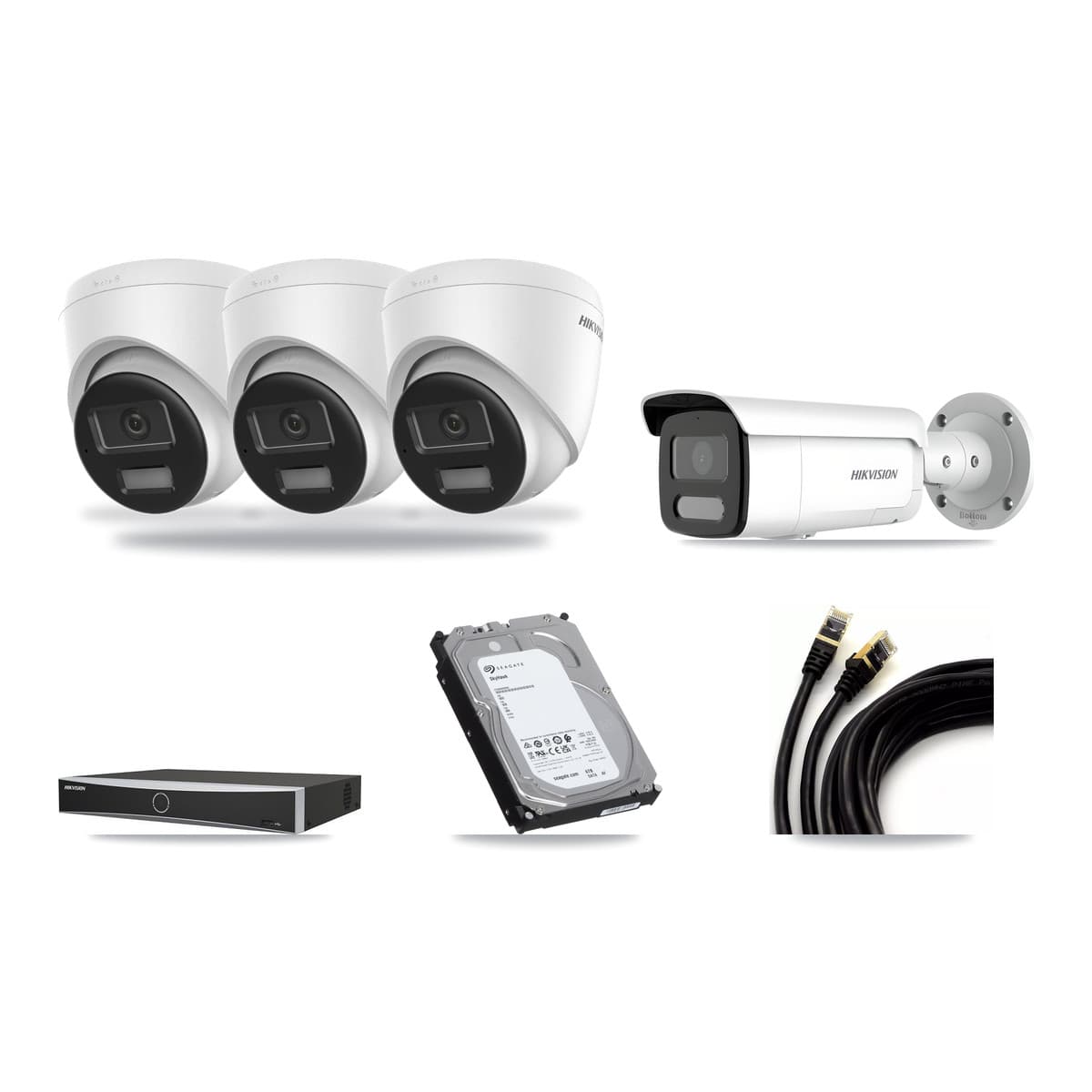 Hikvision 4-Channel 4MP – 4K CCTV Kit — 3 DS-2CD1383G2-LIUF/SL 4K Turret + 1 DS-2CD2T47G2H-LISU/SL 4MP Bullet Cameras + 6TB Recording (DS-7604NXI-K1/4P Recorder) - Image 1