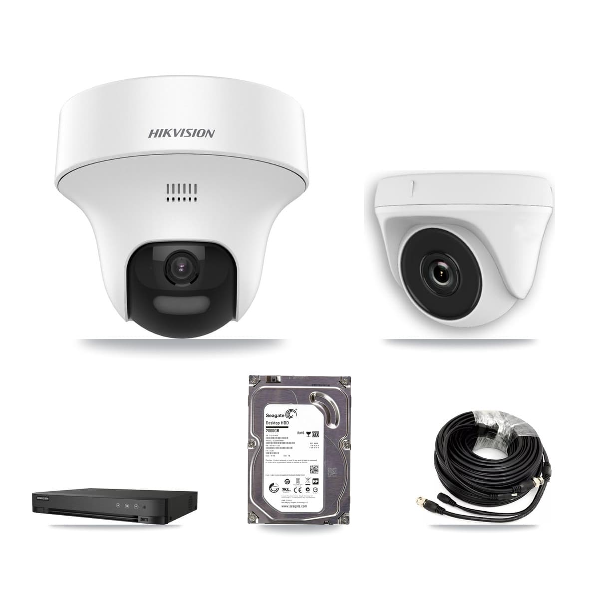 Hikvision 4-Channel 2MP – 5MP CCTV Kit — 1 DS-2CE70K0T 5MP Turret + 1 White HDT-2MP-N20W 2MP Dome Cameras + 2TB Recording (IDS-7204HQHI Recorder) - Image 1